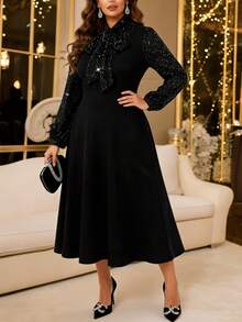 SHEIN Clasi Váy midi tay dài thanh lịch cỡ lớn, 2 trong 1, vải lưới lấp lánh, chắp vá - màu đen - Xem 3