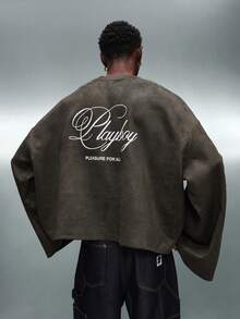 PLAYBOY X SUMWON Crop Fit Long Sleeve Tee With Script Print And Back Slogan Design - Dark Green - View 1