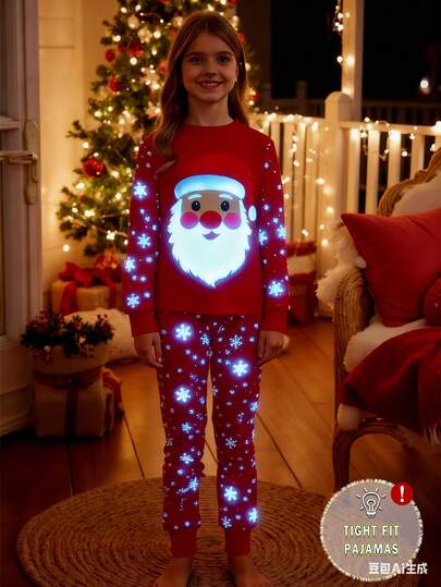 Pigiama natalizio da ragazza pre-adolescente, composto da una maglia a maniche lunghe in maglia elastica che brilla al buio con stampa di Babbo Natale abbinata a una stampa di volpe sulla neve, e pantaloni, set di 2 pezzi