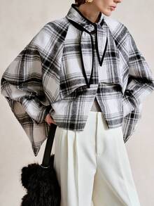 SHEIN Stylify 女式格子领蝴蝶结装饰休闲套头斗篷夹克，做旧格纹图案，可双面穿着，舒适适合日常、居家、通勤、秋冬外套