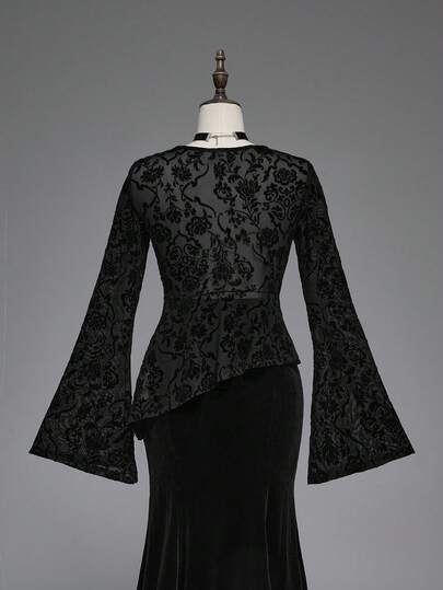 Goth Blouse ample à manches évasées avec motif floral floqué gothique