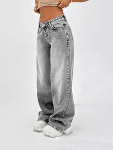 EURMUSE 100% 纯棉低腰阔腿剪裁复古水洗 Y2K 宽松小码牛仔裤 - 灰色 - 查看 5