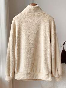 Comfortcana Half Zip Pocket Drop Shoulder Teddy Sweatshirt,Long Sleeve Tops In Fall/Winter - Apricot - View 2