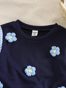 Elladie kids 2 件套女童简约时尚通勤拼接 3D 花卉装饰长袖上衣和喇叭裤套装，适合春秋季 - 藍色 - 查看 7