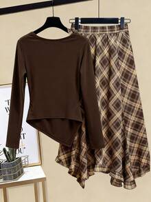 Franclia Plus Size Women Long Sleeve Knit Top And Plaid Skirt Set, Collegiate Style Outfit For Young Ladies, Commute Or Date, Slimming 2 Pieces Set Brown Clothes Brown Skirts Brown Two Piece Set Women Plaid Two Piece Set Two Piece Women Sets Skirt - Coffee Brown - View 2