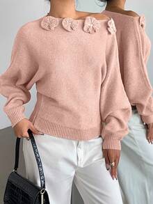 Elenzga كنزة نسائية أنيقة بتصميم أزهار وزخارف من الراين، كتف غير متماثل، لون أحادي - وردي - مشاهدة 5