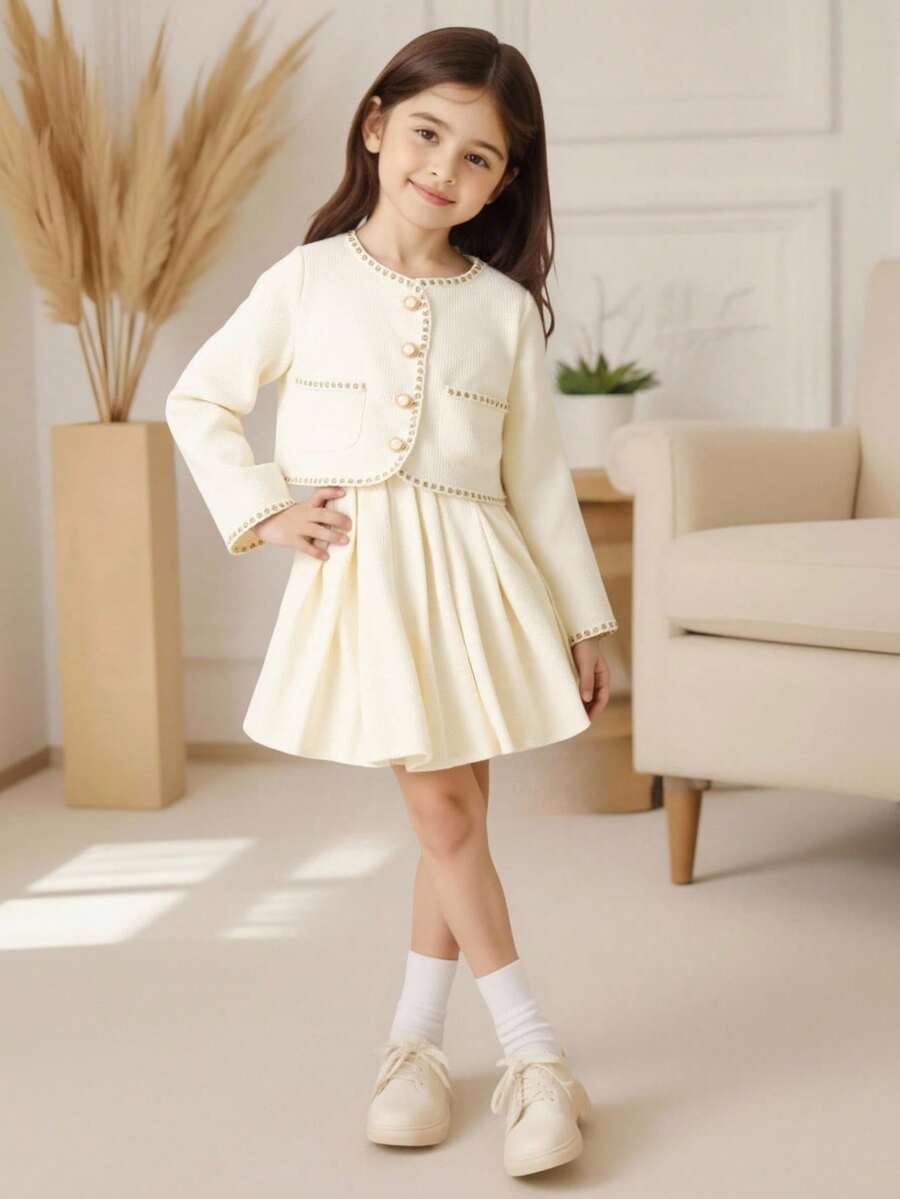 Souflis Kleine Mädchen Prinzessin Stil Jacke und plissierter Rock 2-teiliges Set, Herbst