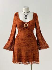 Sunspun 加大码植绒领网纱透视腰修身迷你连衣裙，秋季时尚 - 彩色 - 查看 4