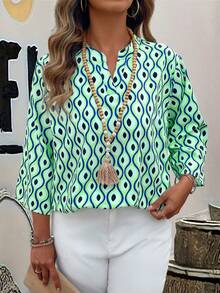 SHEIN CURVE+ Chemise décontractée élégante à imprimé floral pour femmes grandes tailles, tissu confortable, manches 3/4, coupe régulière, vert, convient pour le printemps, l'été et l'automne