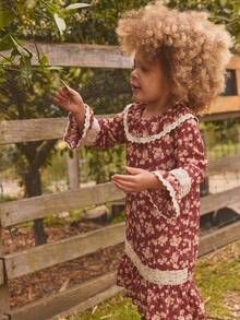 1 pieza Vestido de niña con estampado floral, corte holgado, puños acampanados, estilo vintage elegante, versátil para el otoño