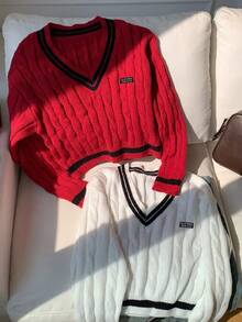 Attitoon 2 pièces Pull ample à manches longues col V avec lettre brodée, couleur contrastée. Convient pour l'automne/l'hiver, les vacances de printemps, les voyages entre filles, la saison de remise des diplômes, vintage, académique, polyvalent, sexy, mignon, Y2K, Coconut Girl, bohème, hippie, festival de musique - Multicolore - Voir 4