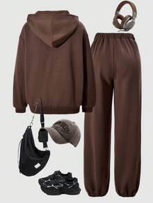 Sparklyn 2-częściowy zestaw dziewczęcej bluzy z kapturem i modnych spodni, odpowiedni do codziennych dojazdów do pracy, wiosna/jesień - Brązowy - Zobacz 2