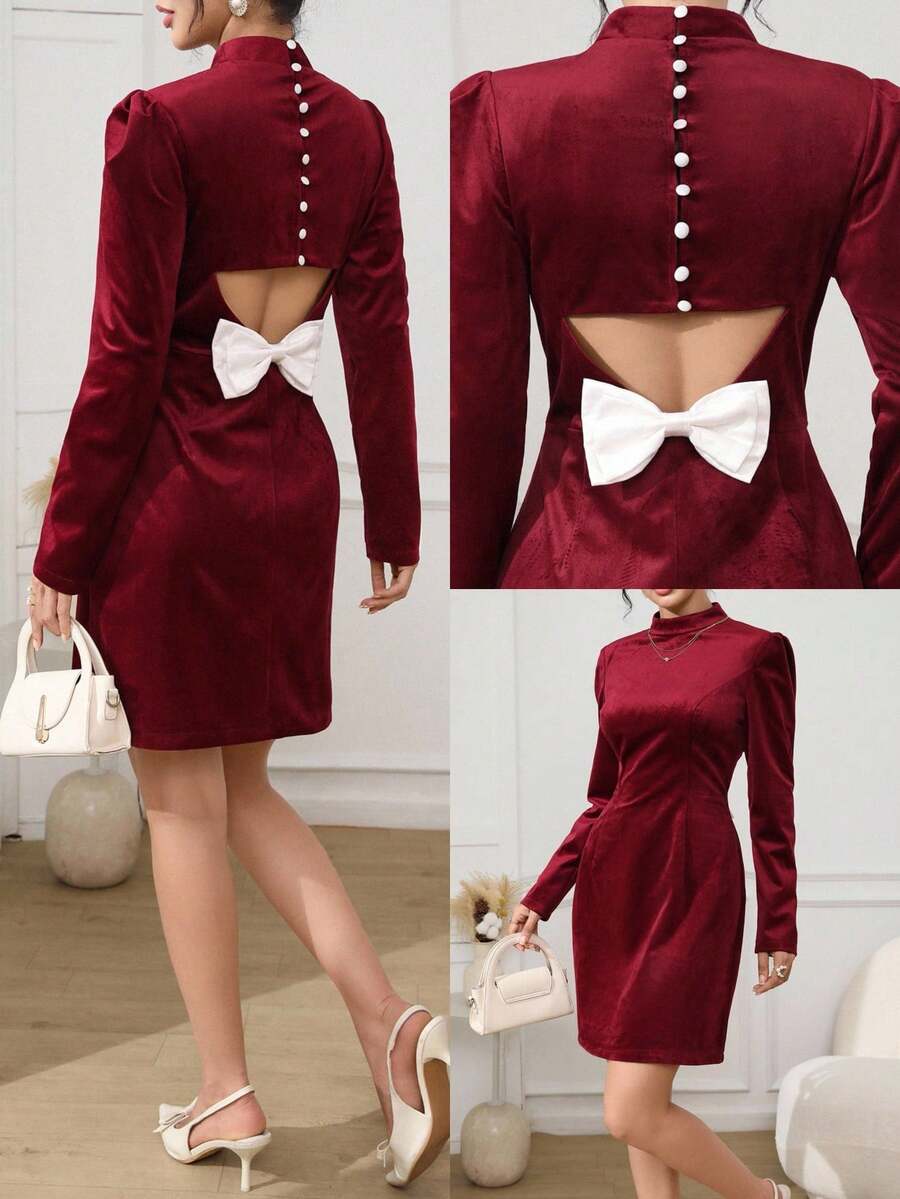 Modelyn Elegant Velvet Bowknot Long Sleeve Mini Dress For Women, Red Dress Women,Elegant Dresses For Ladies,Dress For Wedding Guest,Party Dress,New Year Dress,Christmas Clothes For Women,Autumn Clothes For Women,Winter Clothes