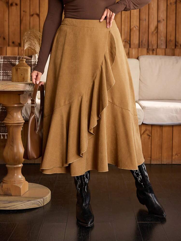 Falda envolvente con volantes de color marrón casual y cómoda para mujer de talla grande, para otoño e invierno, estilo campestre, para concierto country, larga y de color marrón para mujer de estilo campestre, para concierto country