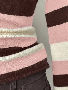 EgrlEra 女士休闲撞色圆领喇叭袖毛衣，秋冬季 - 粉色 - 查看 4