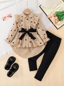 SHEIN 2pcs Girls Outfit With Waist Belt Top And Leggings, Stylish Design, Spring/Autumn