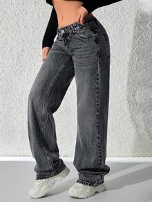 SHEIN ICON Jeans rectos de tiro bajo lavados para mujer - Negro - Ver 3