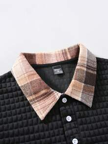 Calvornis Men's Casual Everyday Plaid Patchwork Long Sleeve Polo Shirt, Autumn Polo Shirt For Men - Black - View 4
