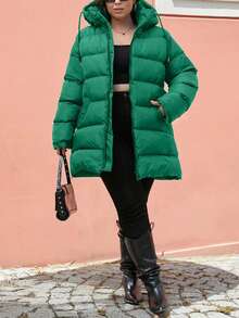 EURMUSE Plus Size Zip Up Drawstring Hooded Padded Coat - Dark Green - View 3