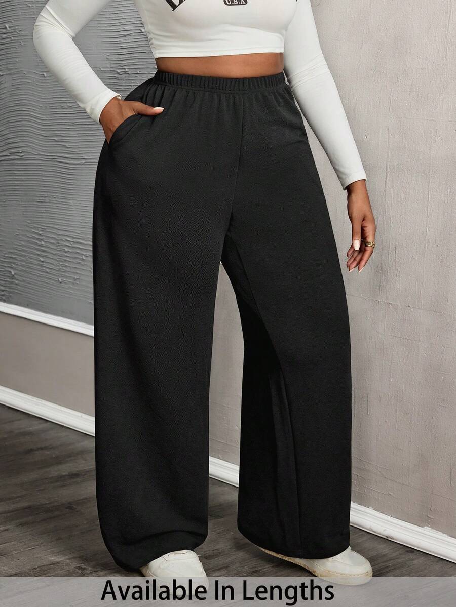 SHEIN Tall CURVE 大码女式休闲日常黑色带口袋长裤 - 黑色 - 查看 1