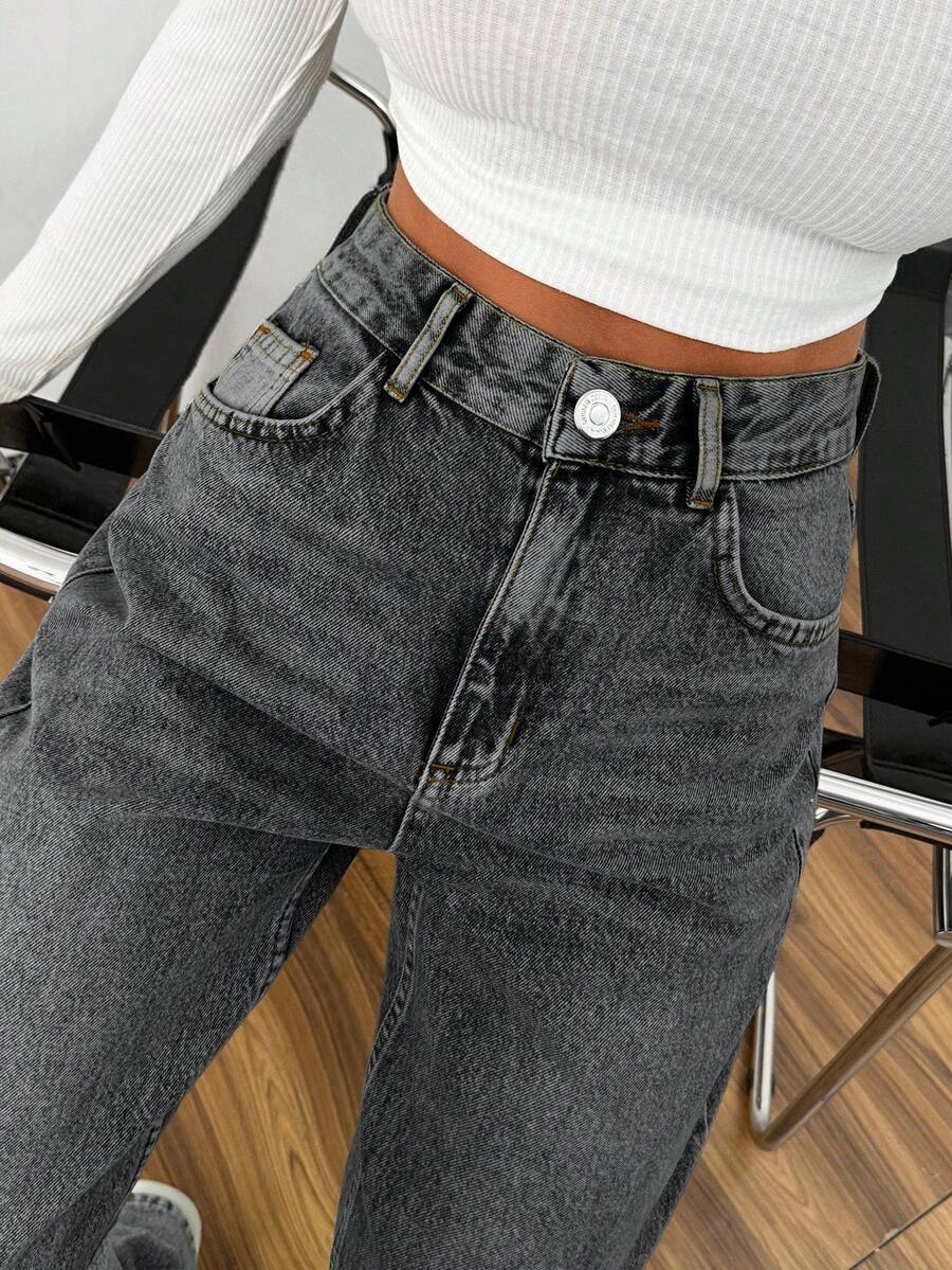 HIGH WAIST CASUAL STYLE DENIM STRAIGHT - Dark Grey - View 1