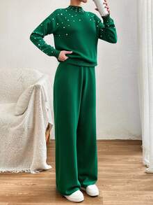 EURMUSE Turtleneck Long Sleeve Sweater With Pearl & Sweater Pants Co-Ords - Dark Green - View 4