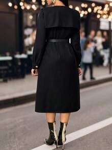 SHEIN Lady Women's Black Solid Color Overcoat,Elegant Autumn Winter,Formal Office Evening Style,Fashionable For Commuting,Cozy Fall - Black - View 2