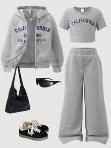 SHEIN Genkimix Kids 3 قطع طقم بدلة رياضية للبنات، خريف/شتاء - تشمل: هوديي سحاب، ملابس علوية كم قصير، وبنطلون رياضي. طباعة جرافيك عتيقة باللون الأزرق الكحلي، هوديي رمادي داكن، ملابس علوية رياضية وبنطلون متطابقان باللون الرمادي الداكن، ملابس علوية جرافيك رمادية. مريح، كاجوال، فضفاض، مناسب للارتداء اليومي والرياضة