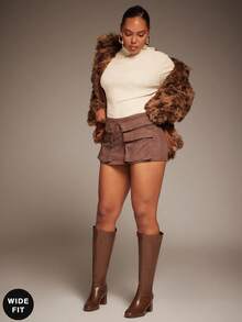 SHUZIA 女式宽筒时尚舒适及膝侧拉链粗跟靴 - 棕色 - 查看 2