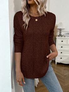 EMERY ROSE Suéter de cuello redondo de manga larga con patrón de cable elegante para mujer, otoño/invierno - Óxido marrón - Ver 3