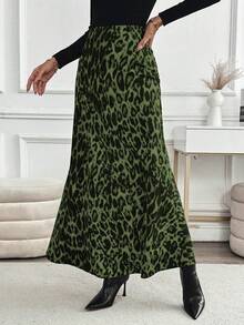 EMERY ROSE Casual High-Waisted Leopard Print Long Skirt, Spring/Summer Women Skirt - Dark Green - View 4