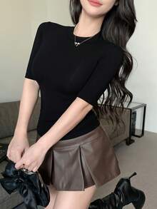 DAZY 女士纯色圆领休闲上衣，日常穿着 - 黑色 - 查看 2