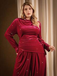 Auralis 1 pieza Conjunto de camiseta de manga larga con cuello redondo y dobladillo asimétrico dividido y pantalones de pierna ancha con bolsillos para mujer talla grande, color burdeos, adecuado para fiestas, cumpleaños y ocasiones elegantes. Conjunto de manga larga para mujer, conjunto de salón de 2 piezas en color burdeos para mujer. - Burdeos - Ver 5