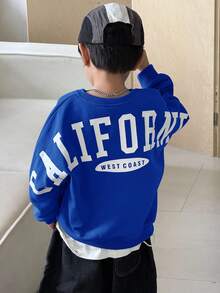 SHEIN Little Byeori 1 件年轻男孩休闲学院风舒适时尚简约宽松实用百搭大字母图案厚运动衫，适合日常穿着、上学、郊游、运动、秋冬 - 寶藍色 - 查看 3