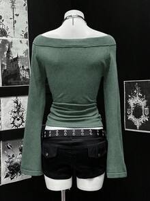 SHEIN Unity Suéter ajustado con hombros descubiertos y fruncido, de unicolor, estilo gótico oscuro y punk Y2K, para otoño/invierno - Verde Oliva - Ver 2