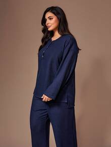 Lazeform Bộ đồ ngủ tay dài dệt kim Jacquard cổ tròn cài nút cỡ lớn, quần áo mùa đông - Màu xanh hải quân - Xem 6