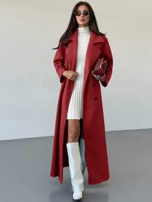 Aloruh Women's Solid Color Raglan Sleeve Belted Casual Jacket, Autumn/Winter - Red - View 5