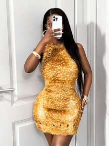 SHEIN BamGlam 70's Elegant Golden Yellow Autumn Night Out Party Dress,Ladies Open-Back Halter Short Skirt,Beige Deer Dotted Plush Faux Fur Eyelet YK2 Clothing - Brown - View 4