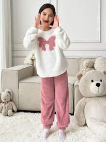 SHEIN 女童宽松毛绒圆领长袖蝴蝶结刺绣运动衫和卷边裤睡衣套装，粉色，秋冬 - 淺粉色 - 查看 3