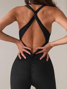 SHEIN BAE Women's Fashionable Sporty Cross-Design Backless Bodycon Jumpsuit Airport Outfit Full Bodycon Jumpsuit Airport Outfit Gym Women Outfit - Black - View 7