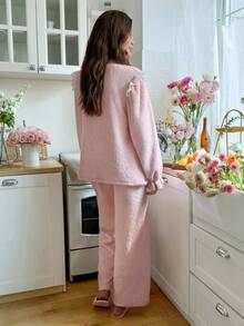 SHEIN Women's Cozy Embroidered Floral Decor Long Sleeve Top & Pants Fluffy Pajama Set, Autumn/Winter Lace Pj Set Lace Sleepwear Soft Fluffy Pajamas Set Sleep Wear Women Set - Pink - View 2