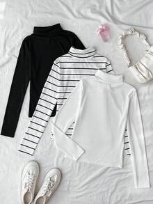 SHEIN 3件套青少年女孩黑色、白色、黑白条纹高领长袖修身T恤 - 黑與白 - 查看 2