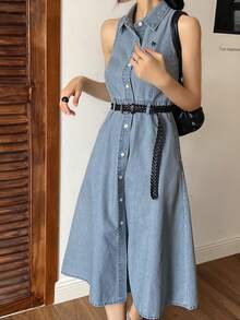 DAZY 女式夏季有领无袖刺绣装饰腰部收紧A字长款牛仔连衣裙 - 中等水洗藍 - 查看 3