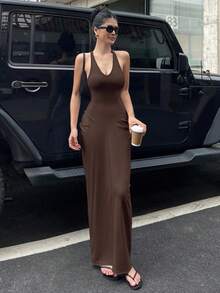 Dazy Tall 女款深V領修身長版無袖背心洋裝，性感休閒陽光洋裝，適合高個女性 - 咖啡棕 - 查看 3