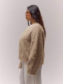 MUSERA 加绒针织V领纽扣开衫，可爱优雅休闲家居服，女士款 - 摩卡棕 - 查看 4