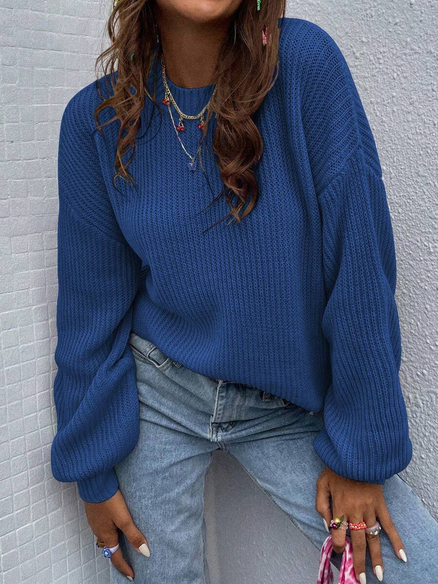 EMERY ROSE Suéter holgado de punto acanalado de unicolor minimalista para mujer, otoño/invierno - Azul - Ver 1