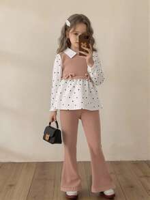 Elladie kids 女童春秋韩版穿搭，白色圆点领衬衫，棕色蝴蝶结针织背心，罗纹针织喇叭裤，简约休闲通勤套装 - 杏色 - 查看 1