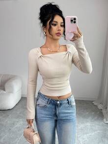 SHEIN Raffinéa 女式休闲纯色修身T恤，秋季 - 杏色 - 查看 1