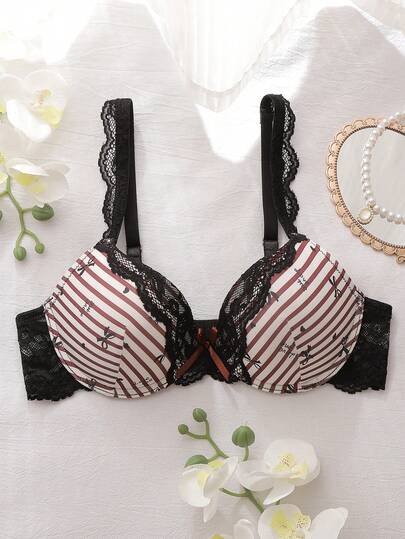 DelicateAllure 3/4 Cup Underwire Bra With Lift And Cleavage Enhancement, Cute Bow Accent, Striped, Color Block, Lace, Satin Finish Ladies Lingerie