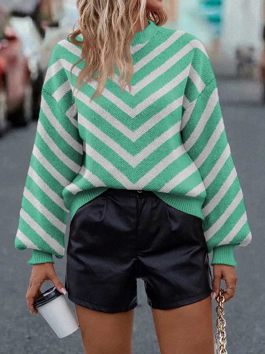 SHEIN LUNE Suéter casual de mujer con bloques de color y rayas, otoño/invierno - Verde - Ver 1